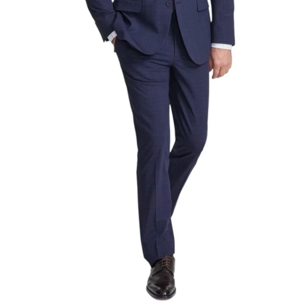 DKNY Mens Modern Fit Dress‎ Pants 37W 32L Navy Blue Plaid